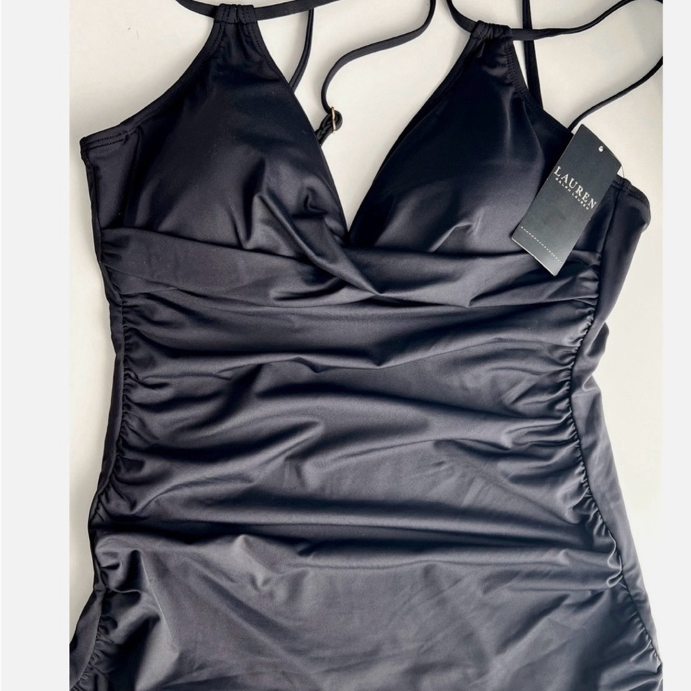 Black Double-Strap V-Neck Women’s Swim Tankini Top - Picture 4 of 4